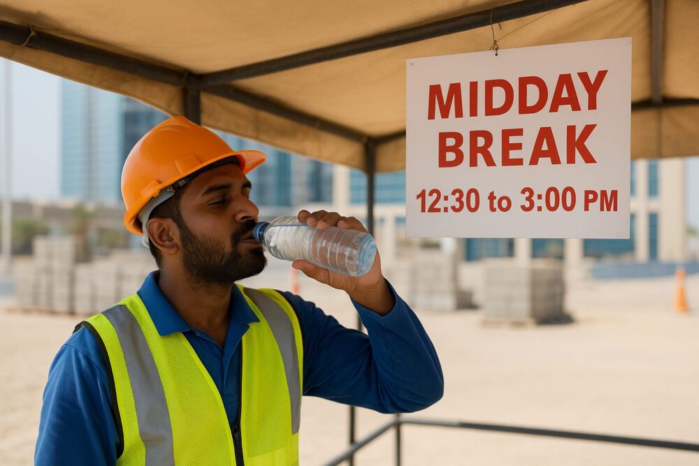 Worker cooling down under shade during heat stress prevention in Qatar